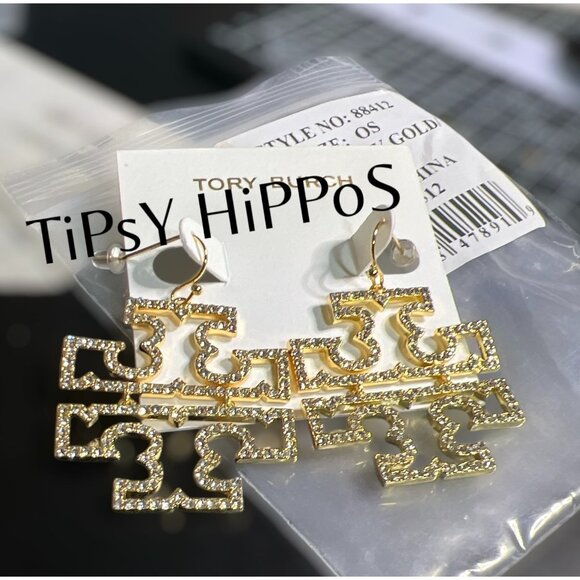 Tory Burch Gold-Plated Rhinestone Geometric Dangle Earring - Picture 3 of 3